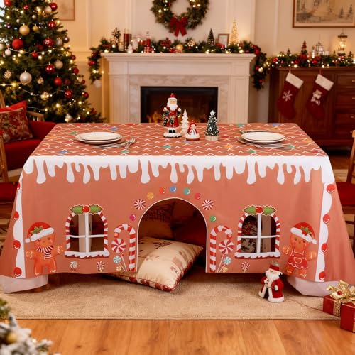 Breling Christmas Gingerbread Man Playhouse Tablecloth 11.8 x 8.5 ft - Holiday Party Decor