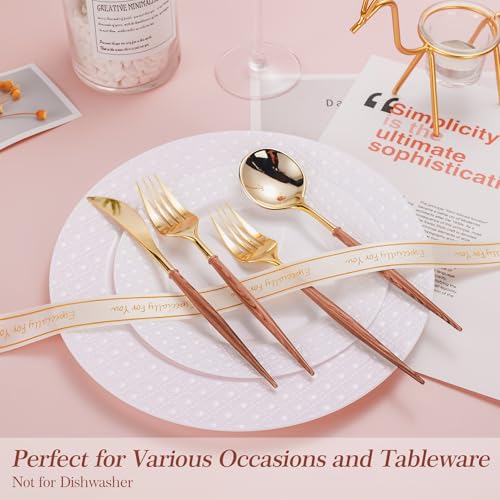 Lullaby Gold Plastic Silverware Set with Wood Grain Handles - 120PCS, Variation: Gold-120pcs