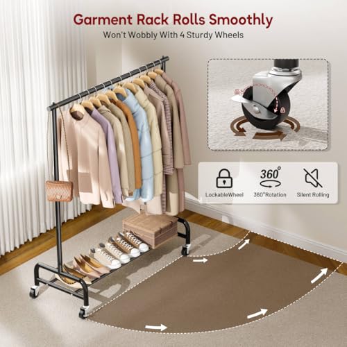 Heavy Duty Rolling Clothing Rack - 43-Inch Wide Garment Rack with Wheels, Black, Single Rod
