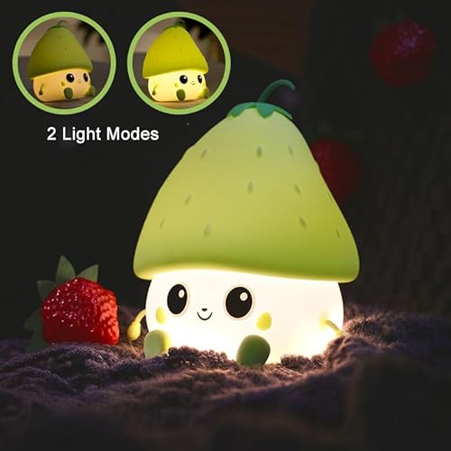 Green Strawberry Night Light, Cute Fruit Night Lamp for Kids Bedroom USB Rechargeable Lamps 2 Brightness Levels, Nursery Bedside Delay-Off Nightlight for Baby Boys Girls Birthday Christmas
