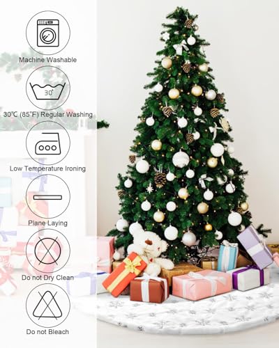 COOLWUFAN 24-Inch Silver Faux Fur Christmas Tree Skirt with Sequin Snowflakes