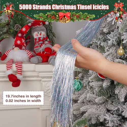 CCINEE 5000 Strands Silver Christmas Tree Icicles Tinsel, 19.7" Tinsel Foil Fringes Garland Holiday Hair for Birthday Wedding Holiday Christmas Tree Decoration Supplies
