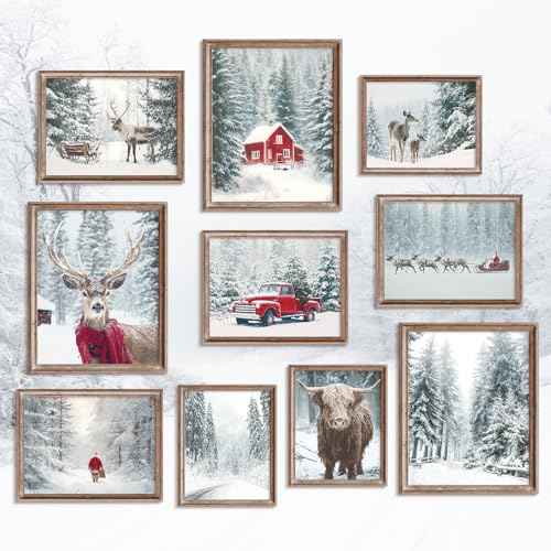 Whaline 10 Pcs Christmas Wall Art Wall Decor Prints Retro Winter Snowy Forest Scene Unframed Pictures Decorations for Xmas Holiday Home Living Room Bedroom Decor Gifts