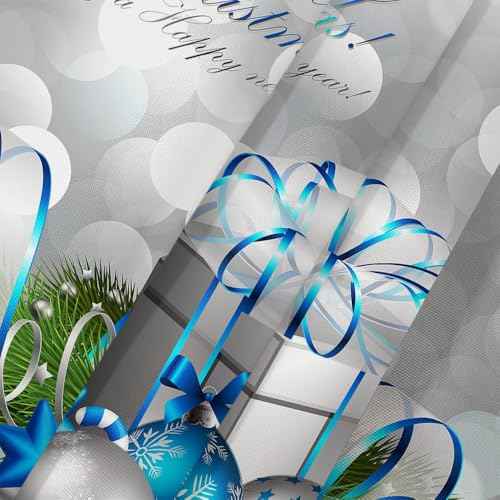 DYNH Holiday Shower Curtain, Happy Merry Christmas Silver and Blue Xmas Ball and Box for New Year Bath Curtains, Fabric Shower Curtain Bathroom Accessories 12PCS Hooks 69X70IN
