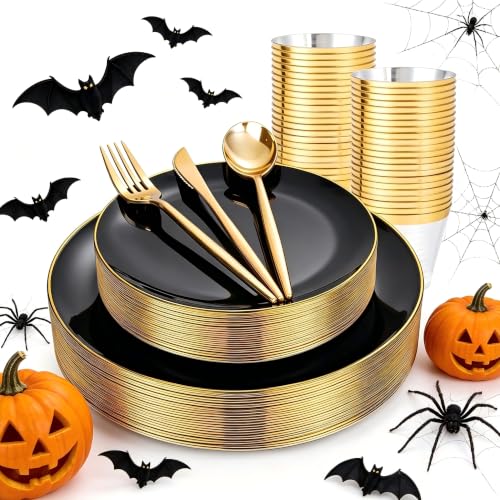 Black and Gold Disposable Plate Set for 25 Guests - Party Cutlery & Cups
