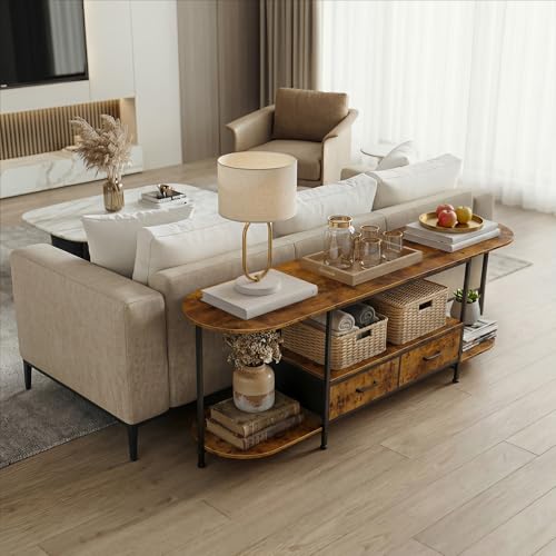 Faesun 63-Inch Modern TV Stand for 65-75 Inch TVs with Curved Edge & Fabric Drawers, Rustic Brown