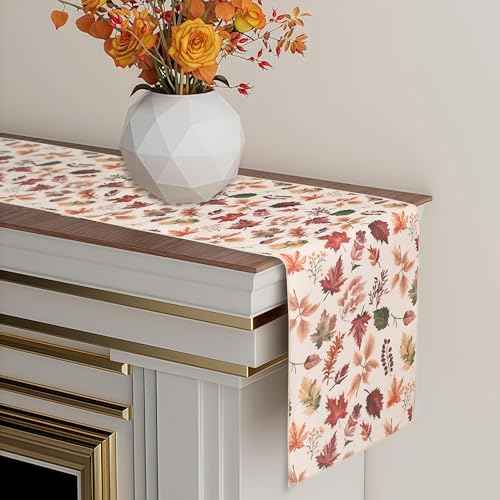 OWENIE Fall Table Runner for Kitchen Dining Table, Thanksgiving Autumn Printed Harvest Pumpkins Maple Leaves Textured Fabric Halloween Holiday Home Decorations, Water-Proof, Washable, 13" W x 36" L