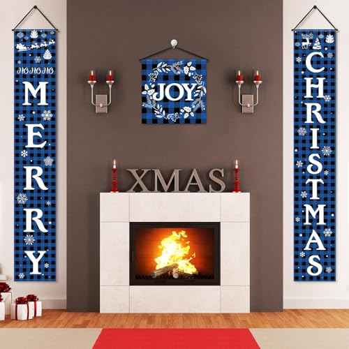 Tatuo 3 Piece Merry Christmas Porch Signs Christmas Buffalo Plaid Porch Banner Xmas Party Front Door Sign for Holiday Home Indoor Outdoor Xmas Party Favor(Blue and Black)