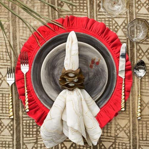 15 Inch Velvet Ruffle Placemat Set of 4, Red - Non-Slip Washable Dining Table Decor