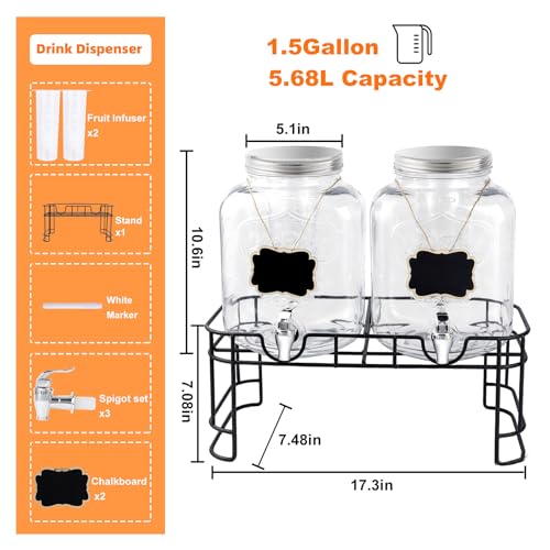 MR.KIANGCI 1.5 Gallon Double Glass Drink Dispenser Set with Stand & Infuser