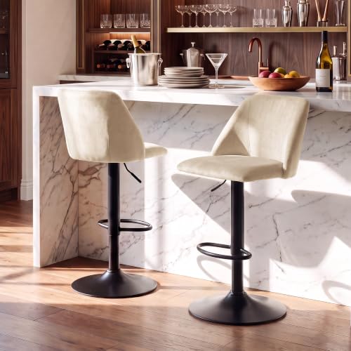 Adjustable Upholstered Bar Stools Set of 2 Beige - 360° Swivel Counter Height Chairs with Stable Metal Base
