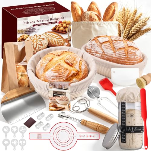 Red Sourdough Starter Kit with Banneton Baskets & Tools - 15 Pieces
