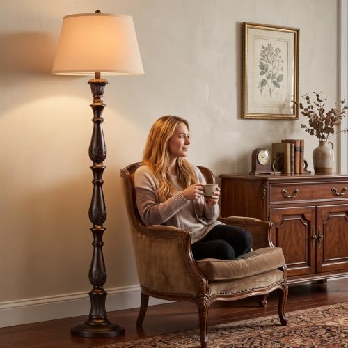 Dark Brown Vintage Floor Lamp with Linen Shade - Antique Tall Standing Lamp for Living Room & Bedroom