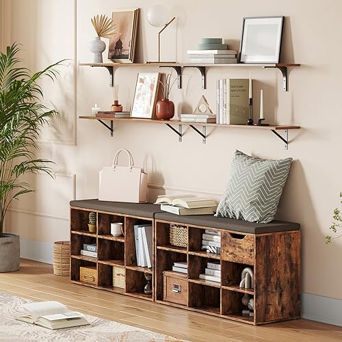 DINZI LVJ Rustic Brown Wall Mounted Shelves Set of 2, 31.5 Inch Long Floating Shelves with Metal Brackets