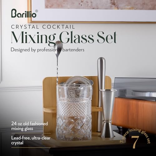 24 Oz Crystal Cocktail Mixing Glass Set with Bamboo Stand & Bar Tools - 7 Pieces
