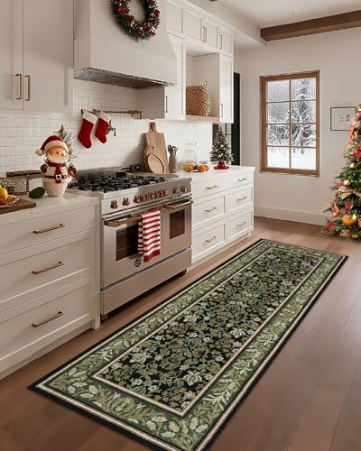 GarveeHome 2.5x8 Green Black Christmas Runner Rug Non Slip Washable Hallway
