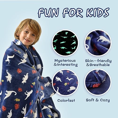 SOCHOW Glow in The Dark Throw Blanket 50 x 60 Inches, Jurassic Dinosaur Pattern Soft Cozy Flannel Fleece Blanket for Sons Daughters, All Seasons Navy Blue Presents Blanket for Preteens Teens
