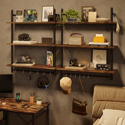 Wall-Mounted Industrial Pipe Shelving with Towel Bar - Rustic Brown, 31.5 Inch