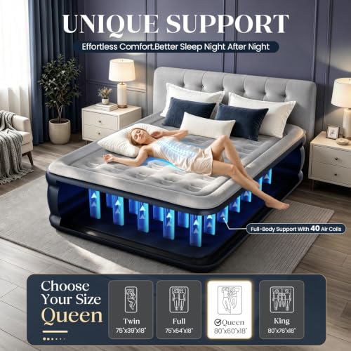 KNZZO Queen Air Mattress with Built in Pump, 18 Inch Inflatable Bed,