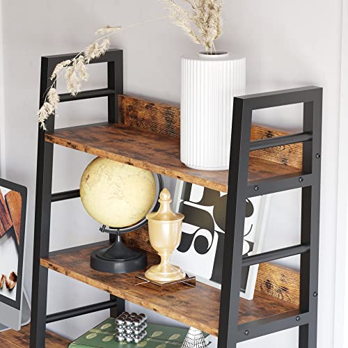 4-Tier Ladder Bookcase with Louvered Doors - Rustic Brown, Sturdy & Space-Saving