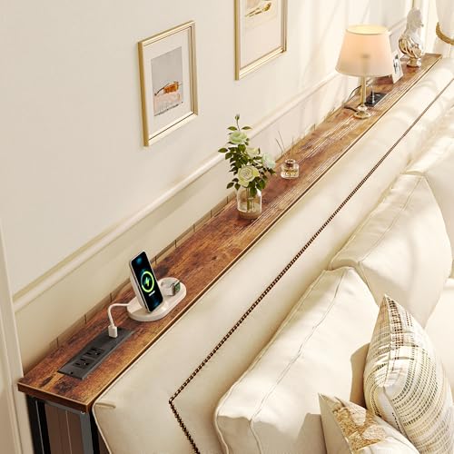 SUPERJARE 102 Inch Rustic Brown Sofa Table with 2 Power Outlets & USB-C Ports - 5.9" Wide