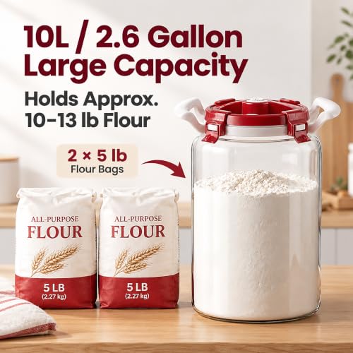 10L Glass Flour Storage Container with Airtight Lid and Wide Mouth - Variation 2.6 Gallons / 1