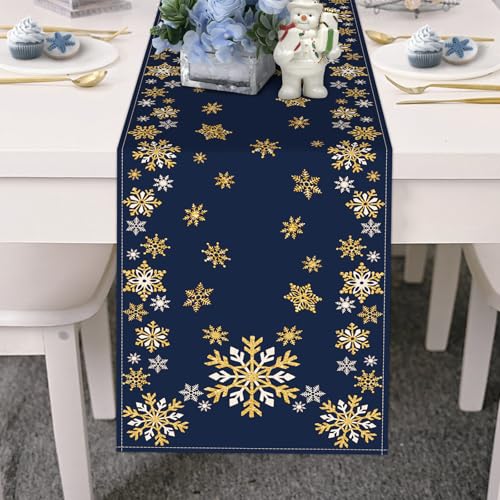Winter Gold Snowflake Table Runner 13"x72" Dark Blue – Croar Gold Snowflake / Table Runner