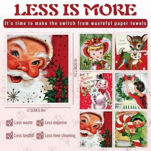 Whaline 6Pcs Christmas Swedish Dishcloths Retro Santa Snowman Cotton Kitchen Towel Reusable Absorbent Dish Towel for Home Party Housewarming Cleaning, 7.7 x 6.9 Inch