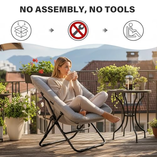 Tiita Comfy Folding Saucer Chair for Adults - Moon Chair Grey Without Ottoman