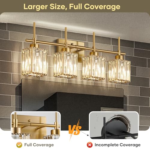 Brushed Gold Bathroom Vanity Light 4-Lights Crystal Square Shade Over Mirror