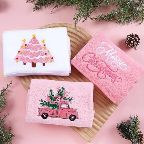 Pink Christmas Hand Towels Set - 3 Embroidered Holiday Bathroom & Kitchen Decor, Merry Christmas & Light Pink Variation