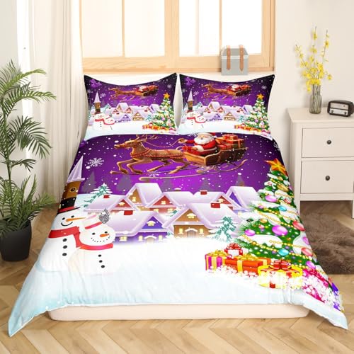Manfei Xmas Duvet Cover Set Queen Size, Snowman Christmas Tree Bedding Set for Kids Boys Girls, Santa Claus with Reindeer Comforter Cover New Year Theme Quilt Cover with 2 Pillowcases, No Comforter