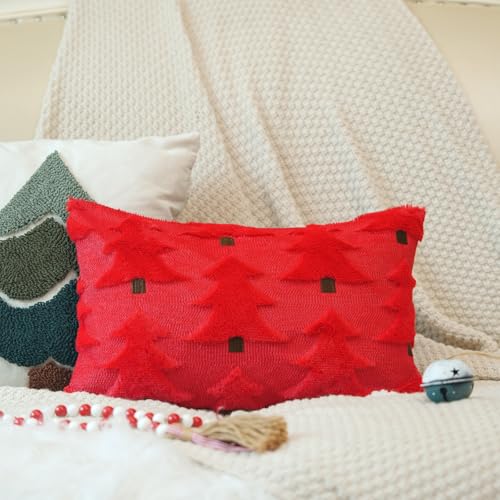 GEEORY Christmas Pillow Covers 12x20 Inch Set of 2 - Red Brown Faux Fur Tree Decor