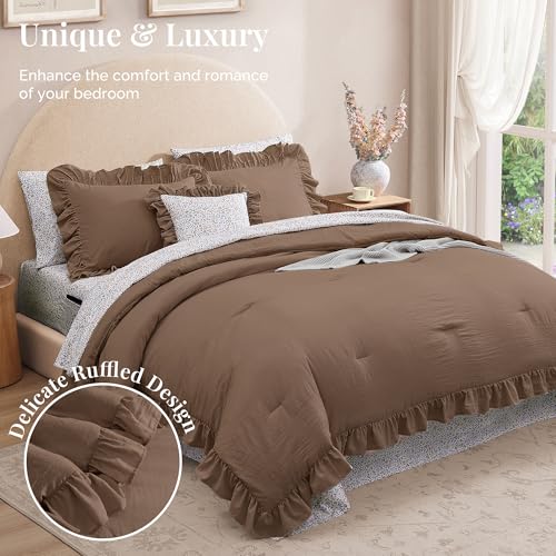 BLOOMHAVEN King Size Comforter Set Amber Brown - 7 Pieces Ruffle Floral Bedding