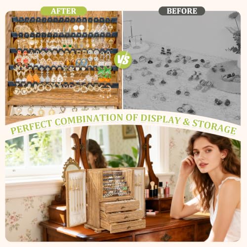 Wood Jewelry Box Organizer for Women - Rustic Brown, 96 Pairs Earring Display