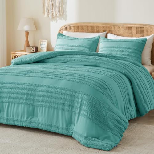 Queen Boho Comforter Set - Aqua Tufted Bedding with Pillowcases