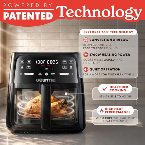 Gourmia 8 Qt Air Fryer with View Window & 8 Presets, Black - Family Size