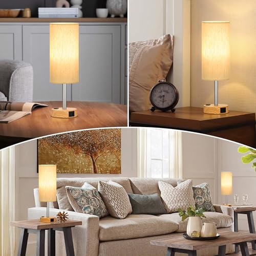 Wood Base Cream Shade Touch Bedside Table Lamps Set of 2 with USB Ports and Outlet - 14 Inch