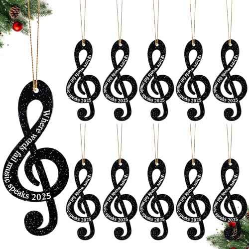 Roowest 12 Pcs 2025 Christmas Music Note Ornaments Treble Clef Hanging Where Words Fail Music Speaks Sign Glitter Acrylic Ornament for Xmas Tree Party Decoration (Black)
