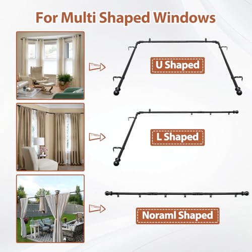 U Shaped Black Bay Window Curtain Rods - 1 Inch Heavy Duty Adjustable Curved Set