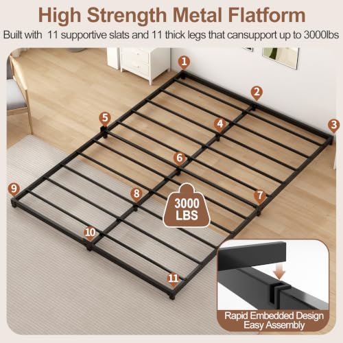 Samhapyrom Queen Size Low Profile Bed Frame 3 Inch Steel Platform, Noise-Free, Heavy Duty