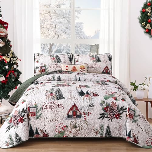 King Size Christmas Quilt Set White by Dobuyly — 110 x 90 Quilt + 2 Sham Shams, Xmas Tree Reindeer Decor