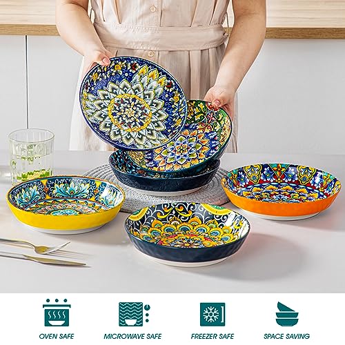 Bohemian 32 Oz Pasta & Salad Bowls Set of 6 - Vibrant Ceramic Dinnerware