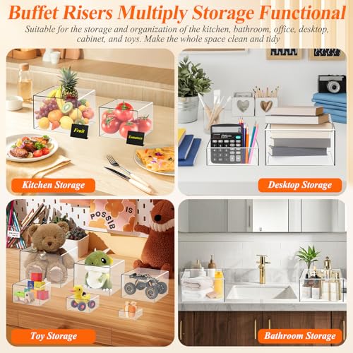 Qinzave 8-Piece Clear Acrylic Buffet Risers Set with Mini Signs, 8 Sizes