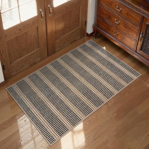 Outdoor Indoor Rug 3x5 Black Stripe Washable Non Slip Geometric Door Mat for Entryway Patio