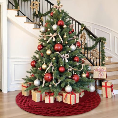 TOCHGREEN Red Knitted Christmas Tree Skirt 48 inches Chunky Knit