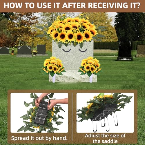 Lodou 3-Pcs Yellow Artificial Cemetery Flowers for Grave - Headstone Saddle + 2 Grave Bouquets