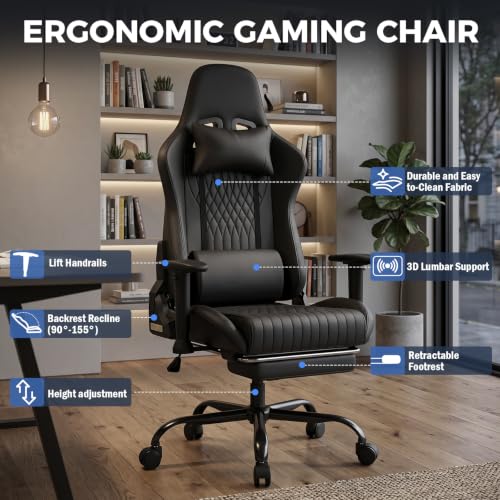 LUCKRACER Gaming Chair with Footrest, 90°-155° Reclining Ergonomic