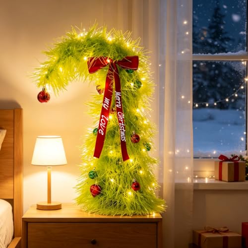 Nexstron Velvet Bow Mini Christmas Tree 20 Inch with Lights & Ornaments – Grinch-Inspired Holiday Decor