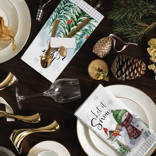 Winter Kitchen Towels, Hello Winter Towels Set of 2, Christmas Tree Snowflakes Dish Towels for Kitchen with Black White Buffalo Plaid Cardinal Let It Snow Seasonal Gifts Decor for Home, 18x28 Inches